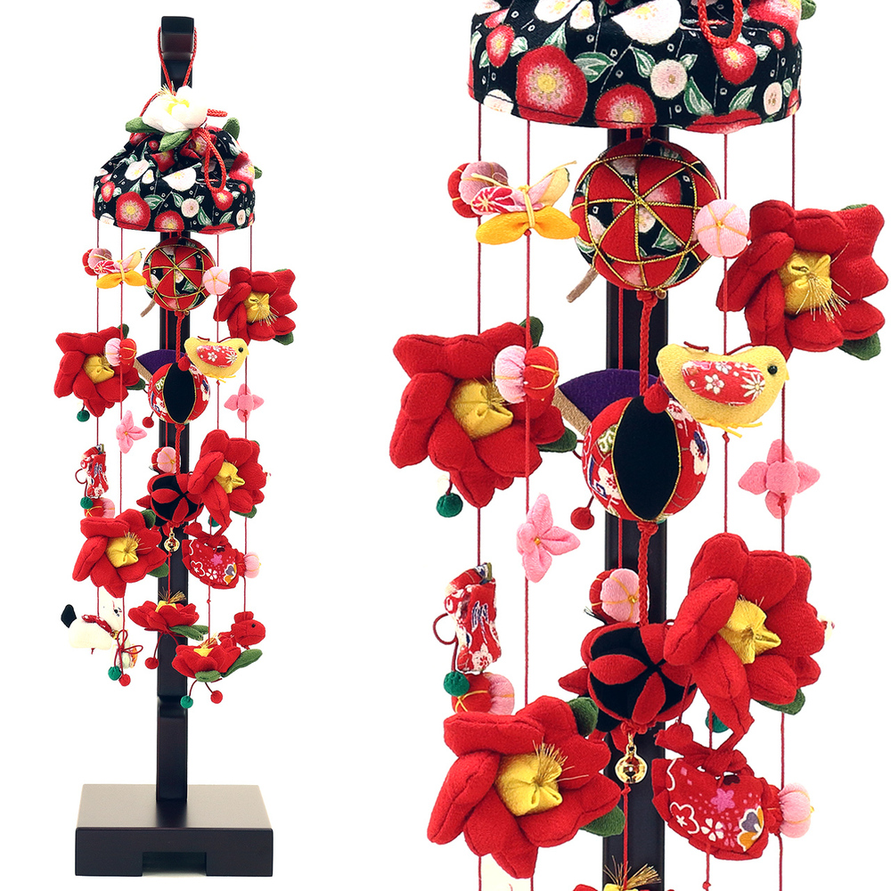 雛人形　吊るし飾りセット【P84601】  ちりめん製手作りの大きな椿がかわいい 賑やかな吊るし飾り♪